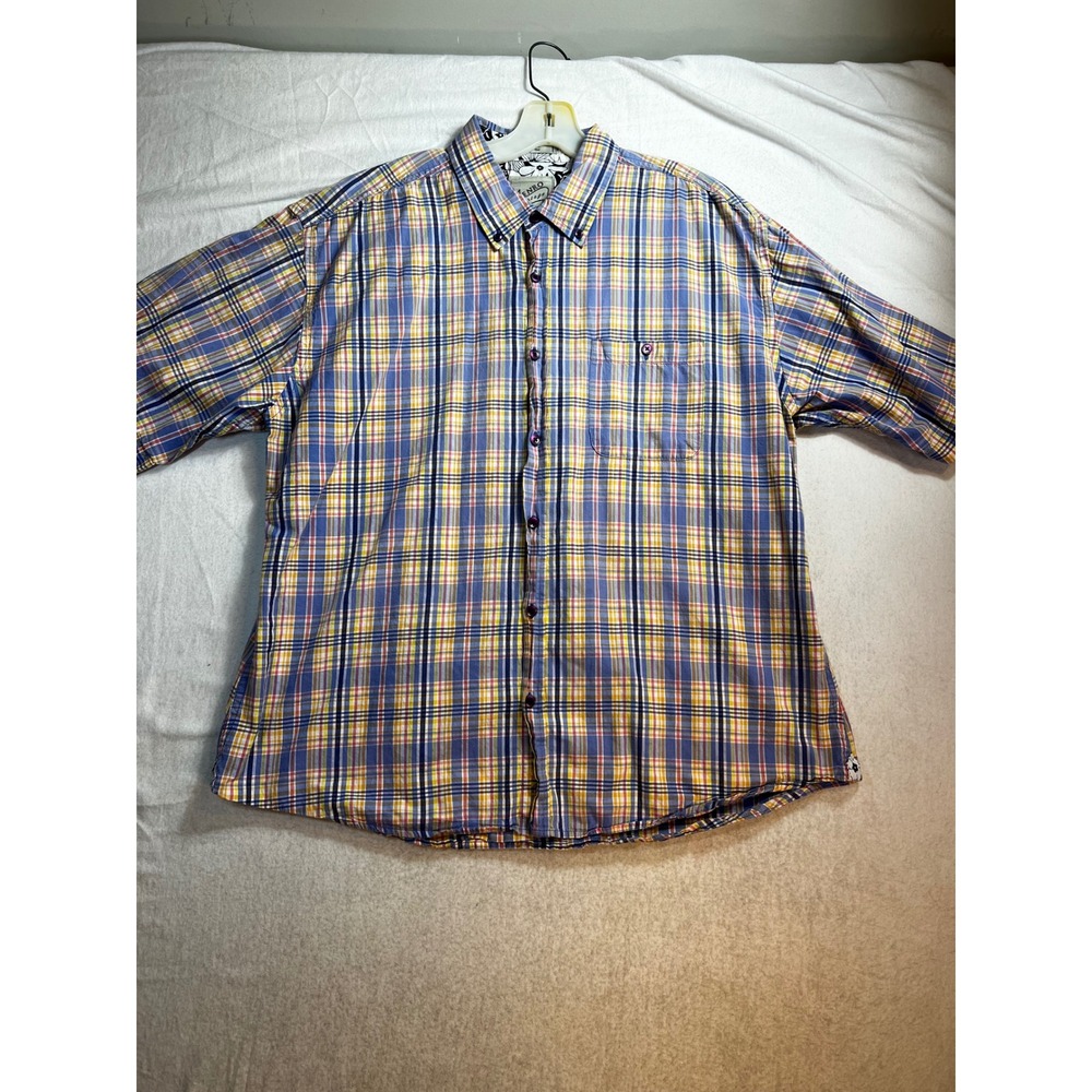 Enro Vintage Mens XL Short Sleeve Plaid Button Down Shirt Blue Floral Trim